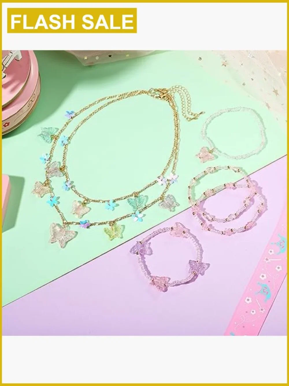 Girls Flower Jewelry 3 Pack Necklace & Bracelet Set for Girls